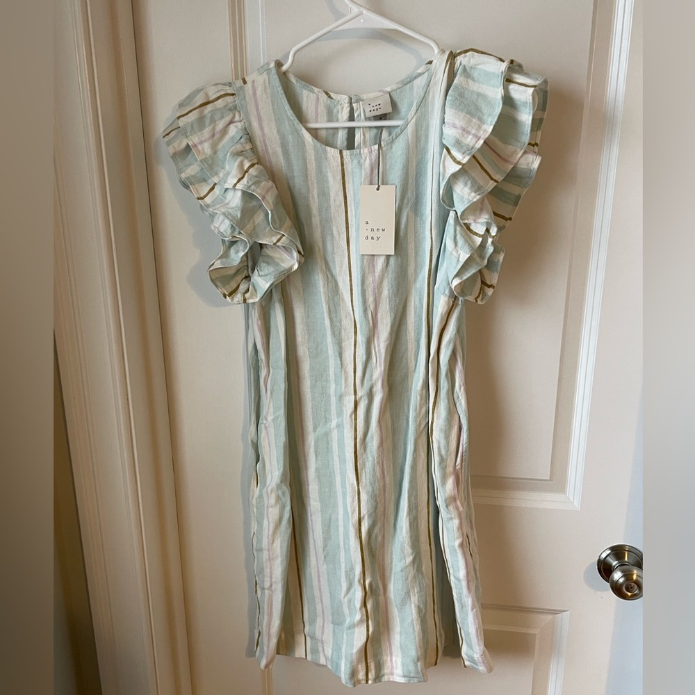 A New Day Striped Linen Dress with Ruffle Sleeves- NWT